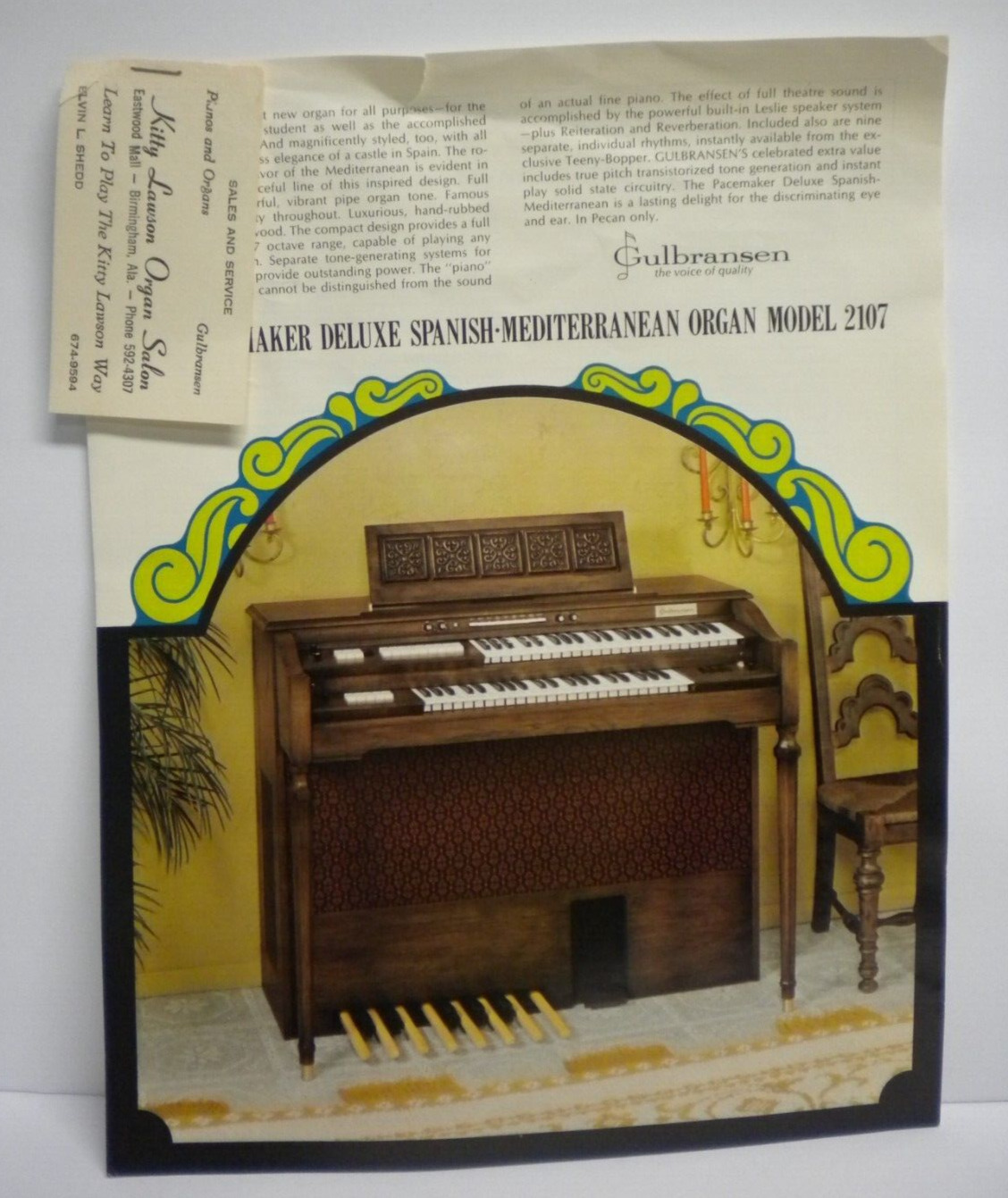 Vintage 1970 Gulbransen 2107 Spanish Mediterranean Organ Flyer Advertisement 70s