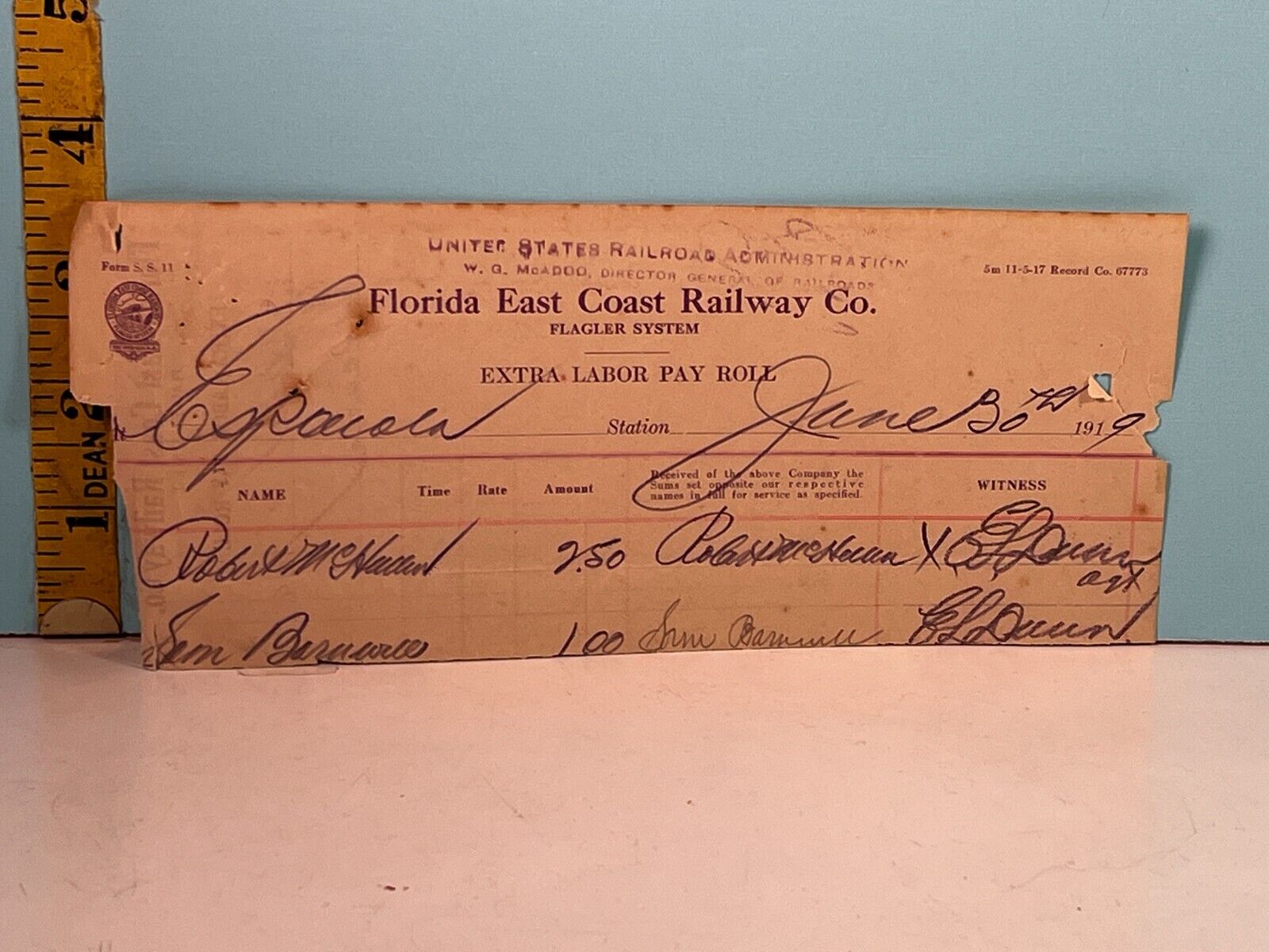 1919 Florida East Coast Railway co Extra Labor payroll form