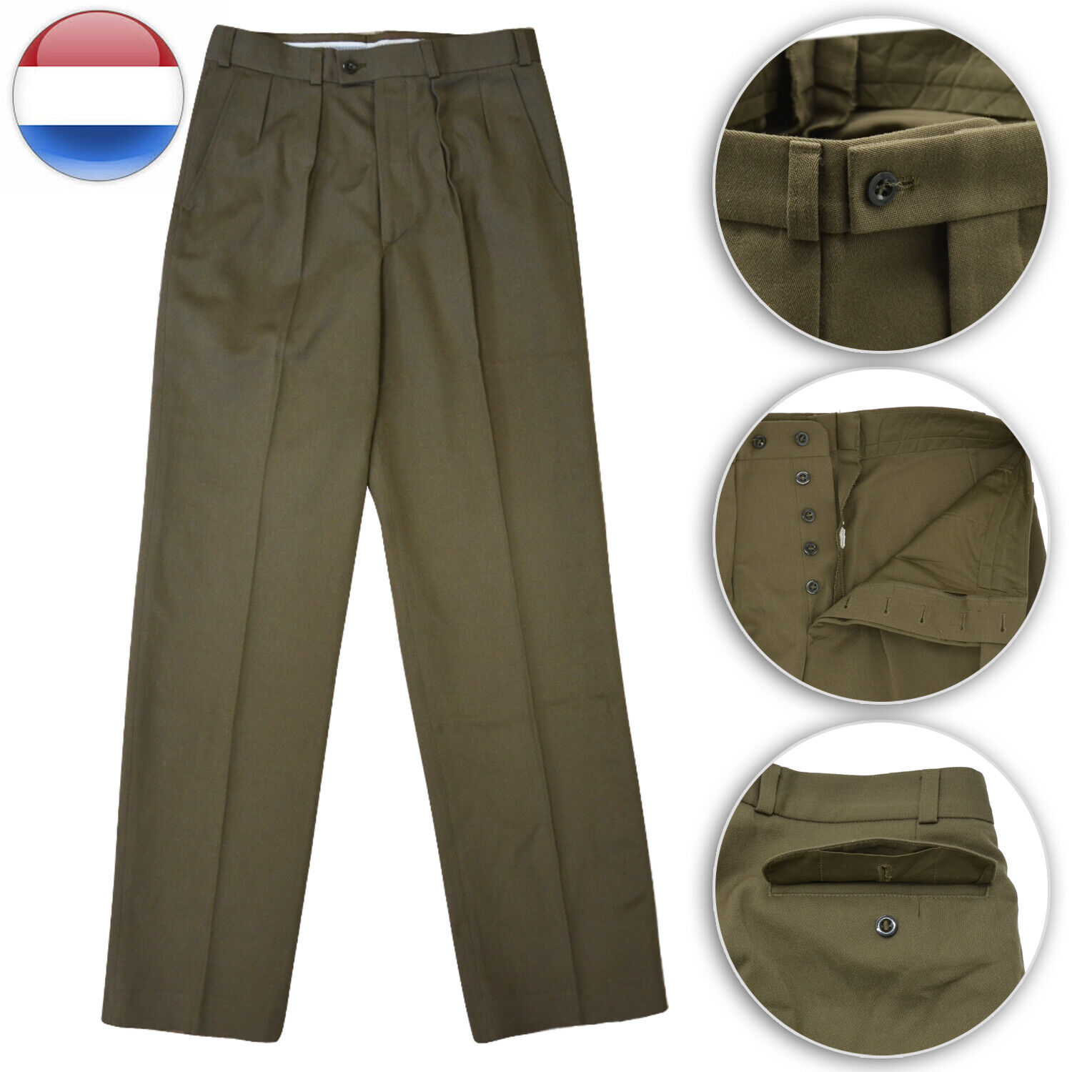 Wool 75% Dutch Army Trousers Pants Brown Khaki Dress Uniform Casual Retro Style