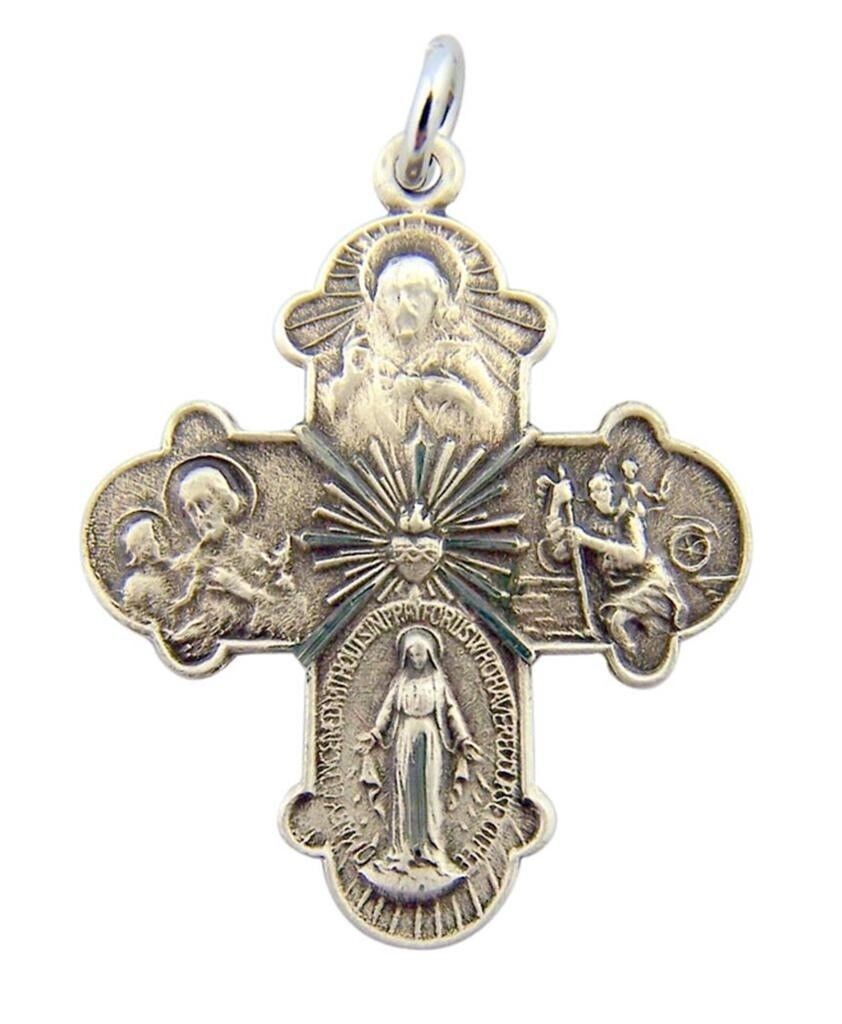 Sterling Silver Four Way Medal Pendant with Budded Edge and Sacred Heart Center