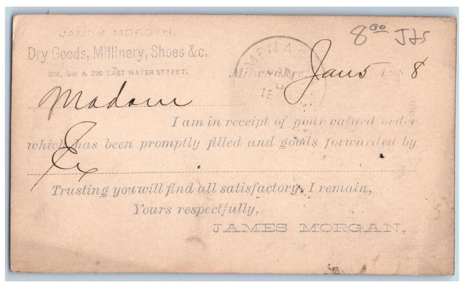 Milwaukee Wisconsin WI Postal Card James Morgan Dry Goods Millinery c1880\'s