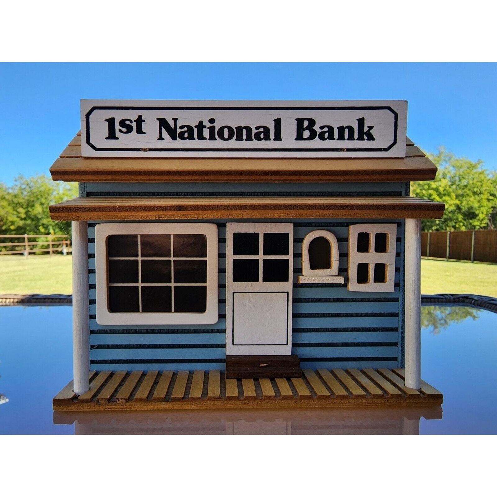 VTG Wind Up Musical 1ST NATIONAL BANK with hinged roof Handmade RARE EXCELLENT
