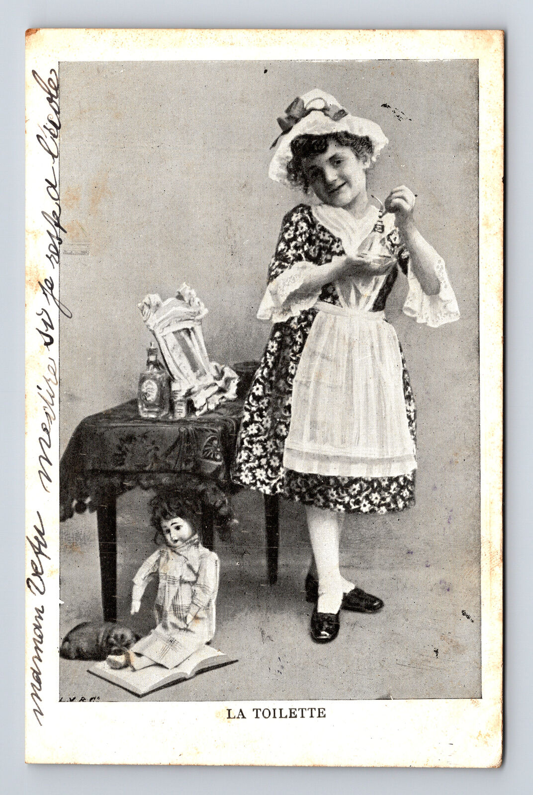 c1905 French Portraitof Young Girl Perfume & Doll Postcard