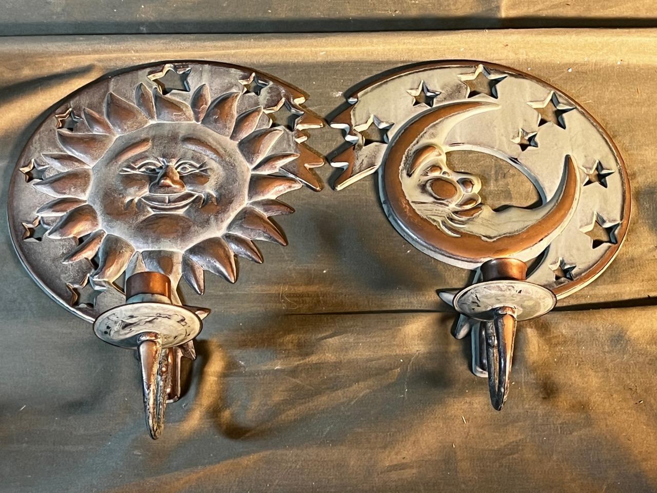 Set of Two 2 Decorative Wall Candle Sconces Pair Moon and & Sun Face Partylite