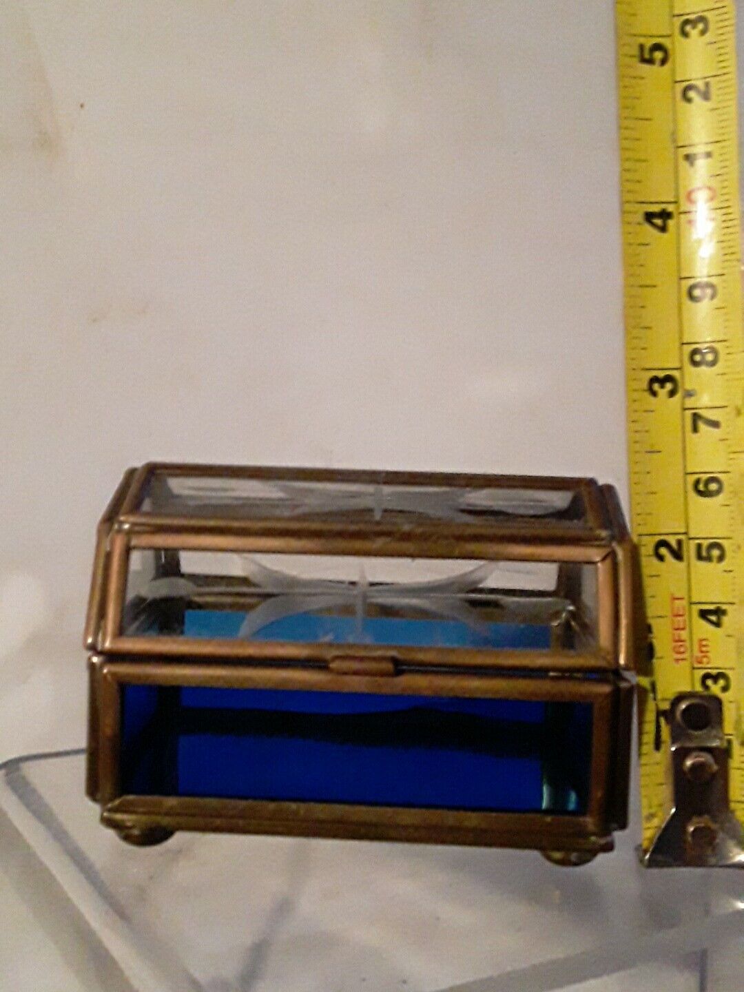 Vintage Jewelry Box Miniature Treasure Chest Brass and Etched Glass