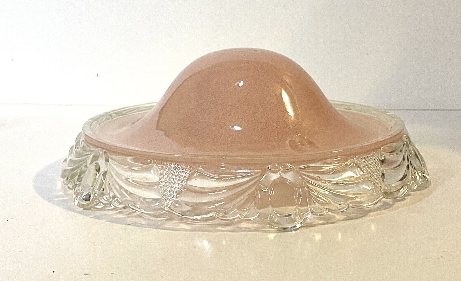 Vintage Hanging Lamp Pink & Clear Glass Shade With 3 Holes For Chain Attachment