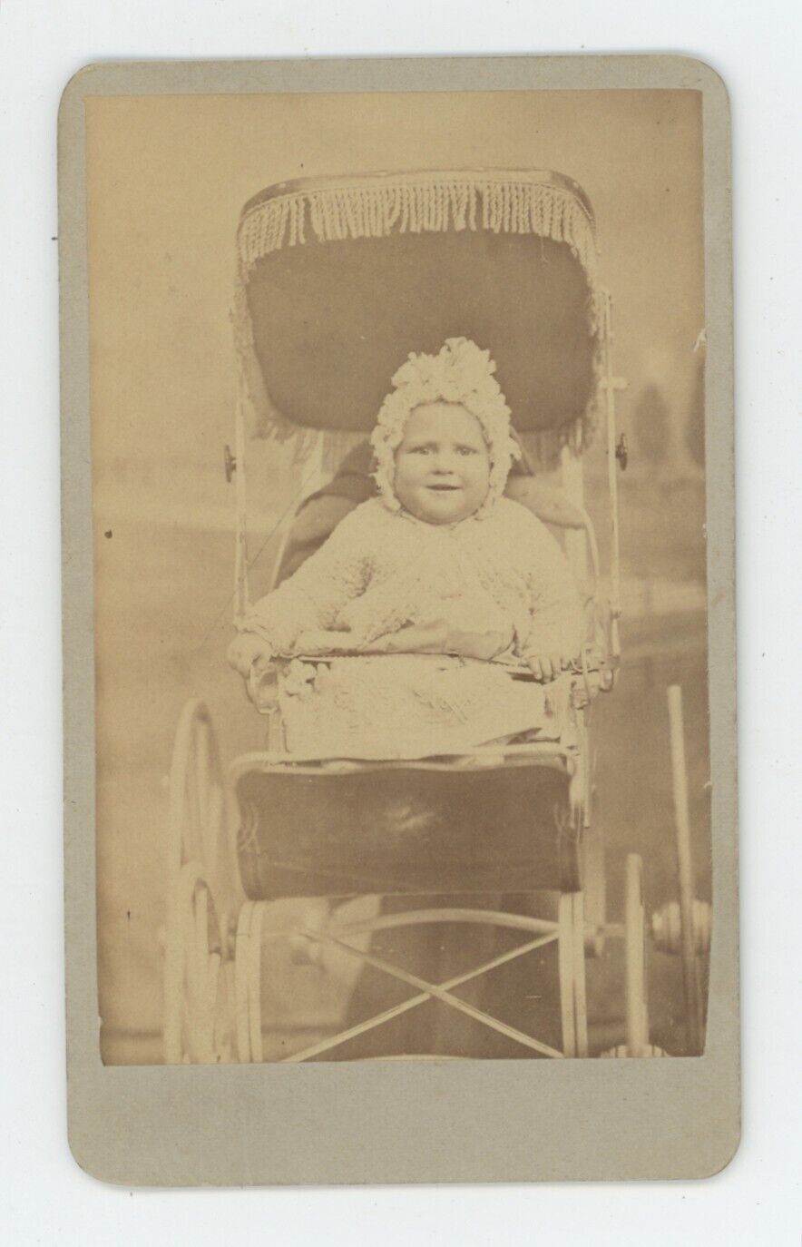 Antique RARE CDV Circa 1880s Adorable Smiling Baby in Baby Carriage Modesto, CA