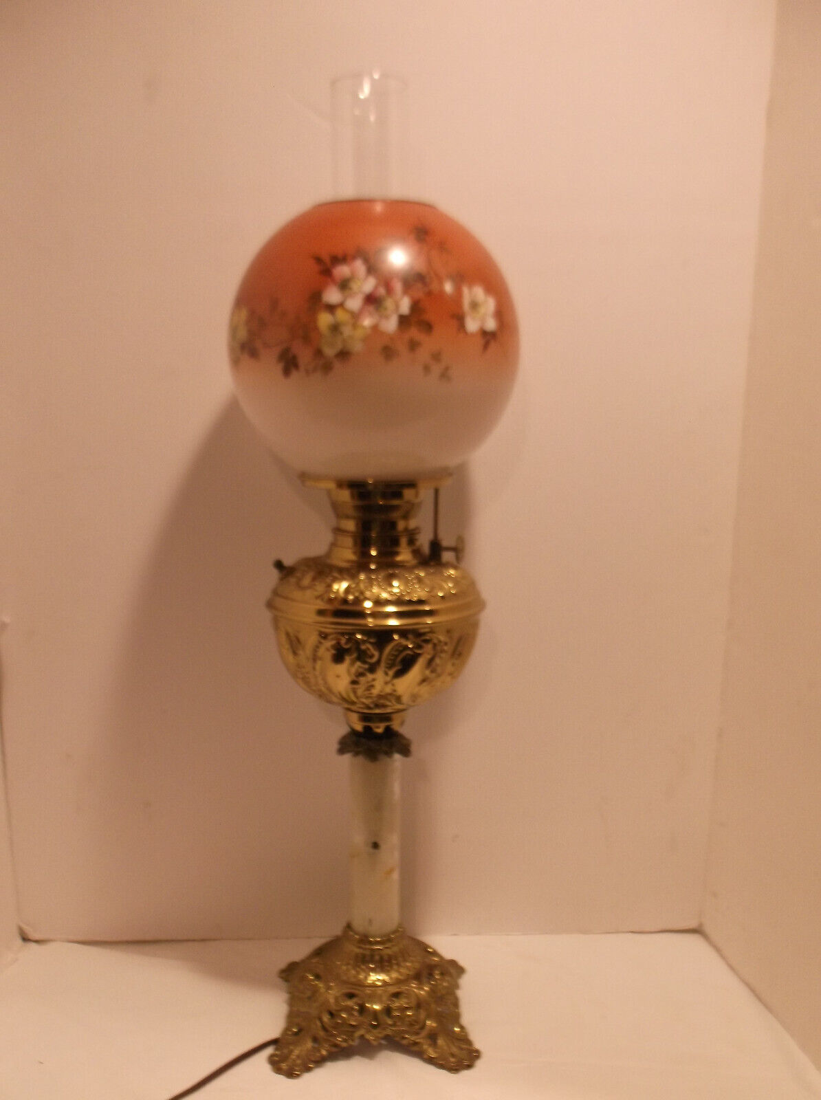 VTG/ANTIQUE BANQUET LAMP W/Globe shade & brass stem Electrified  Made in the USA