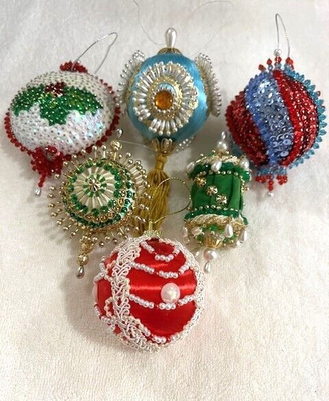 Lot# 11 - 6 Hand Made Vintage Beaded Christmas Ornaments-Lace-Satin-Pearls-NICE