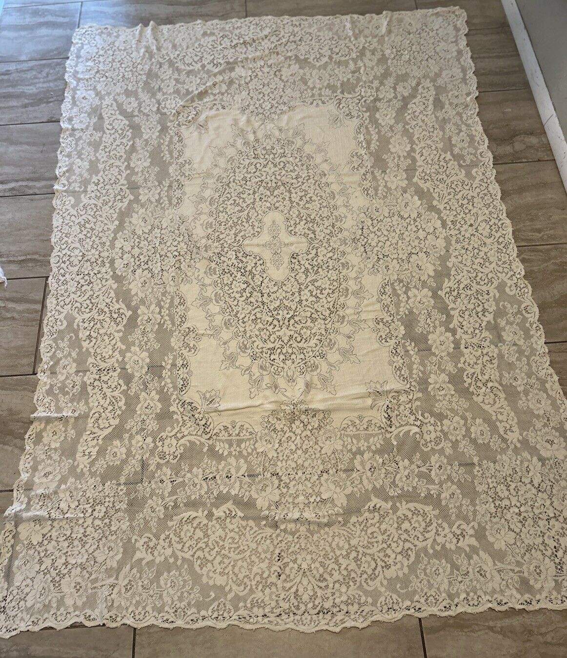 Vintage Quaker Off White Floral Lace Tablecloth 78x52 Inches.
