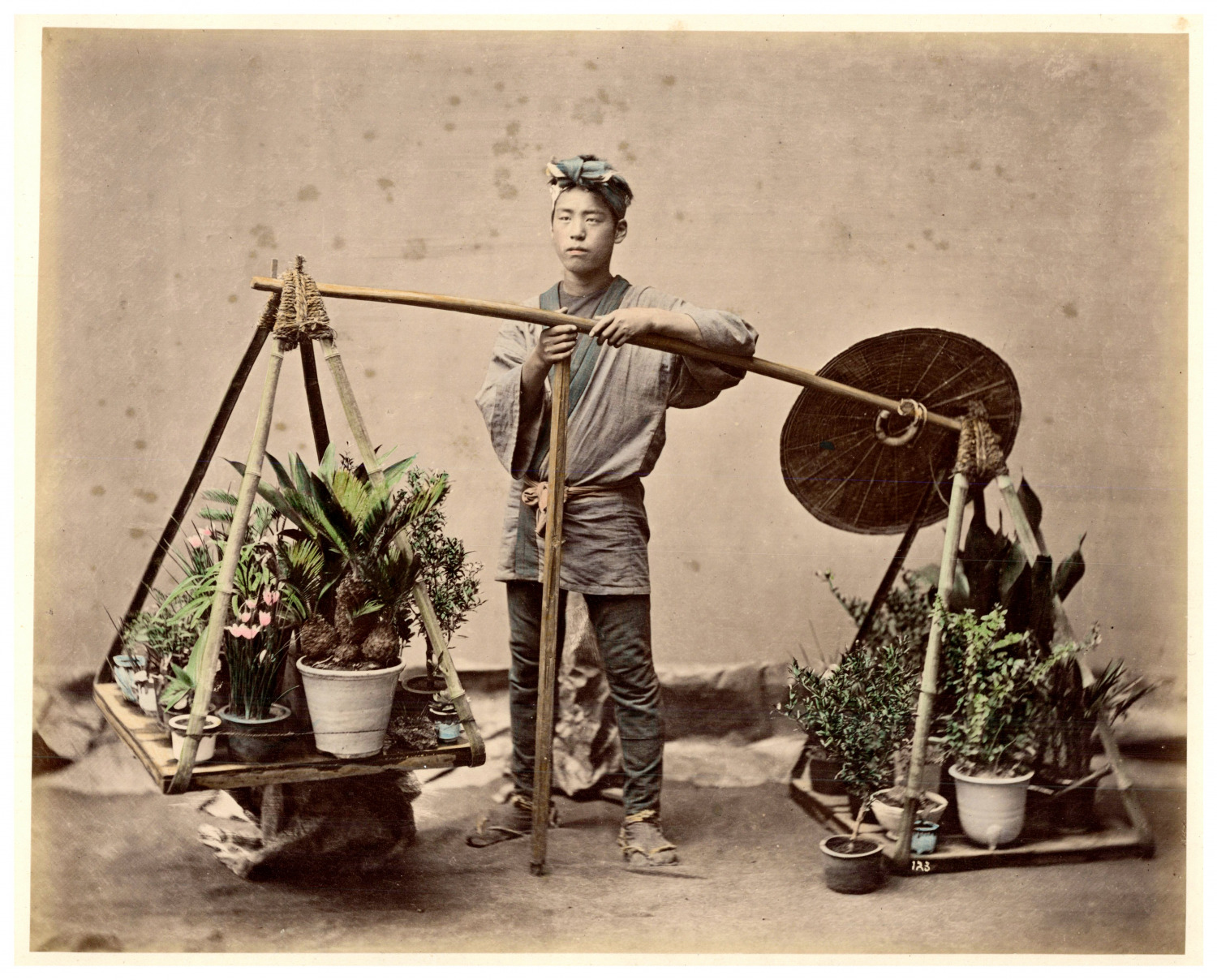 Japan, Young Japanese Seller of Plants and Flowers Vintage Albumment Print, Print