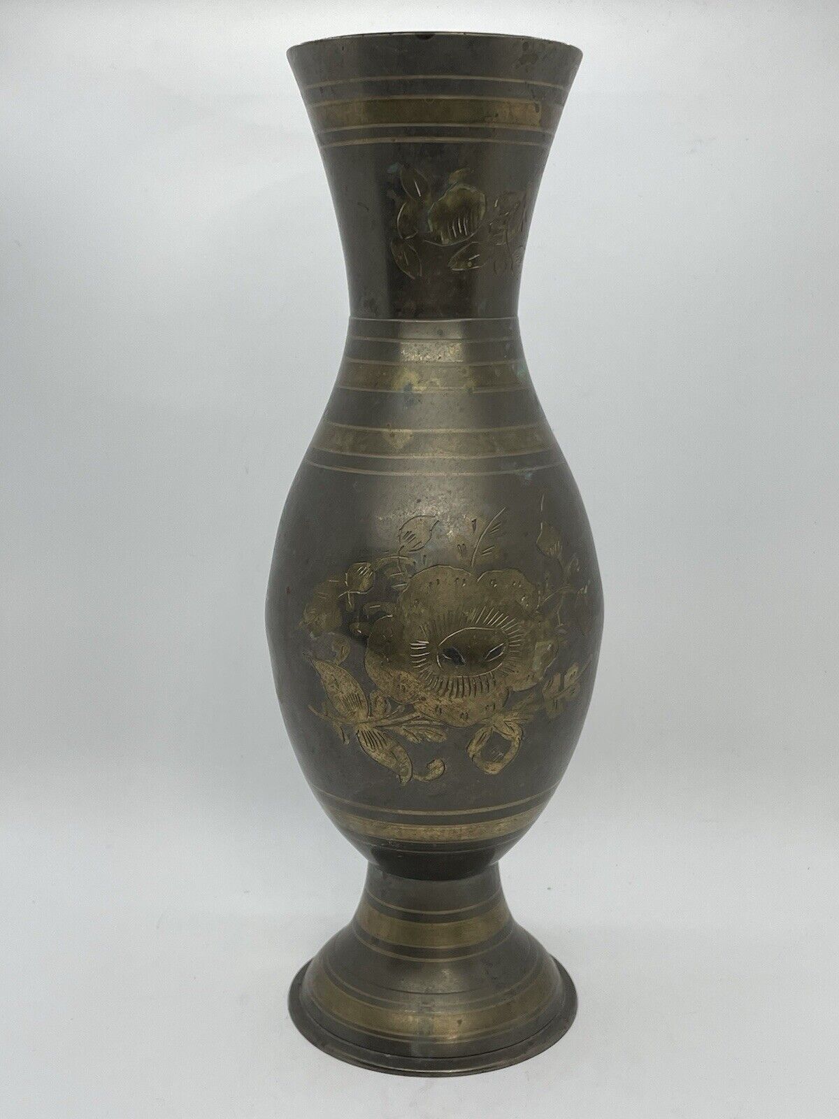 Vintage Solid Brass Etched Vase, Made in India Etched Black floral 11 In