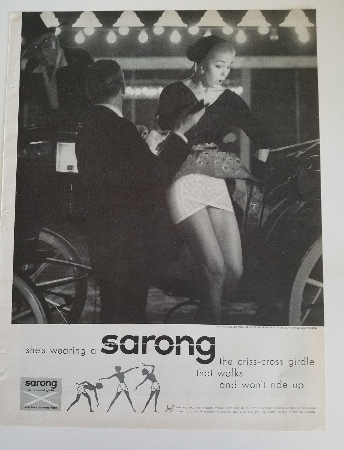 1955 sarong women's white girdle won't ride up under dress ad