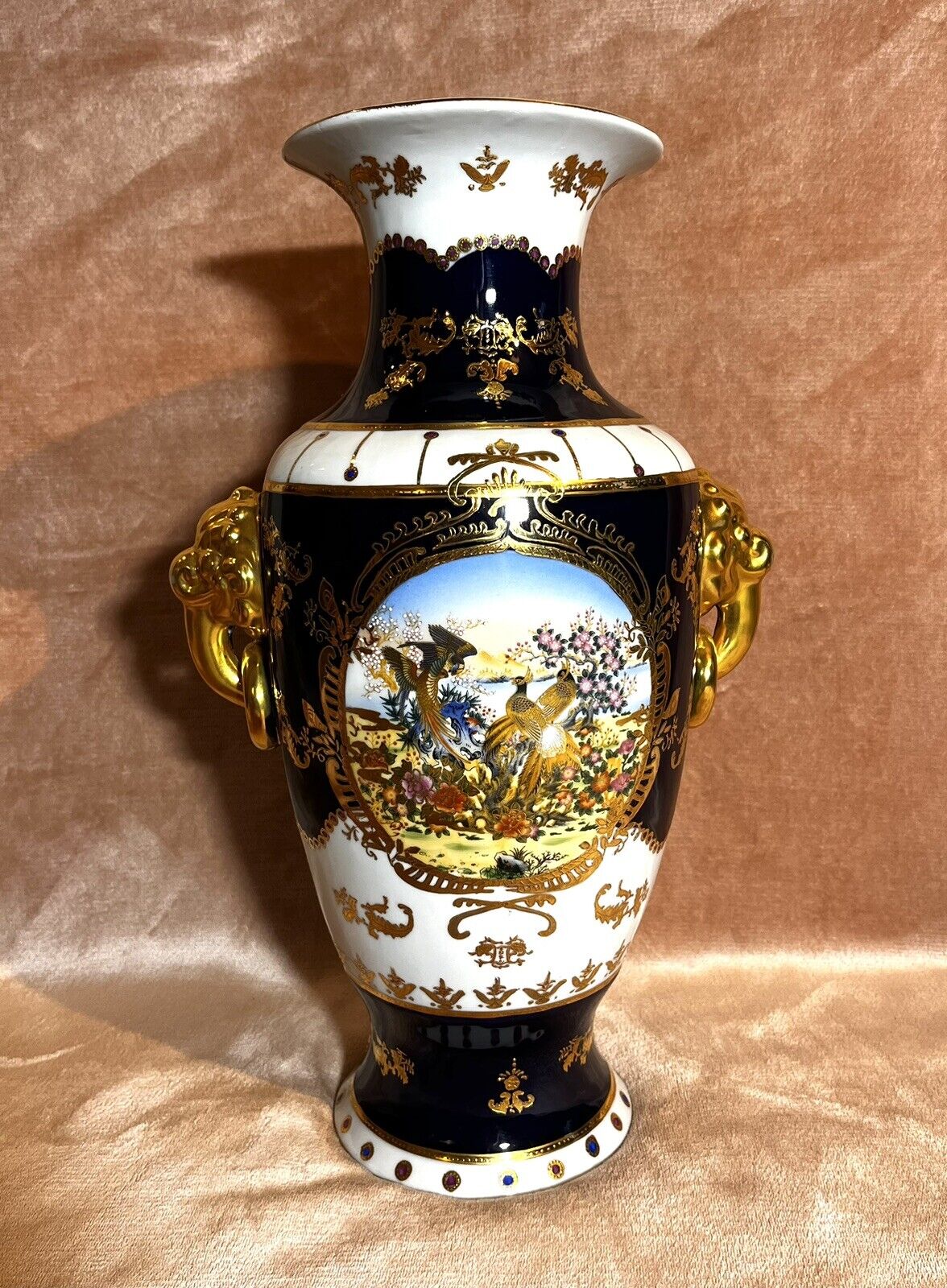 Vintage Chinese Cobalt Blue “Limoges” Gold Hand Painted Porcelain Floor Vase
