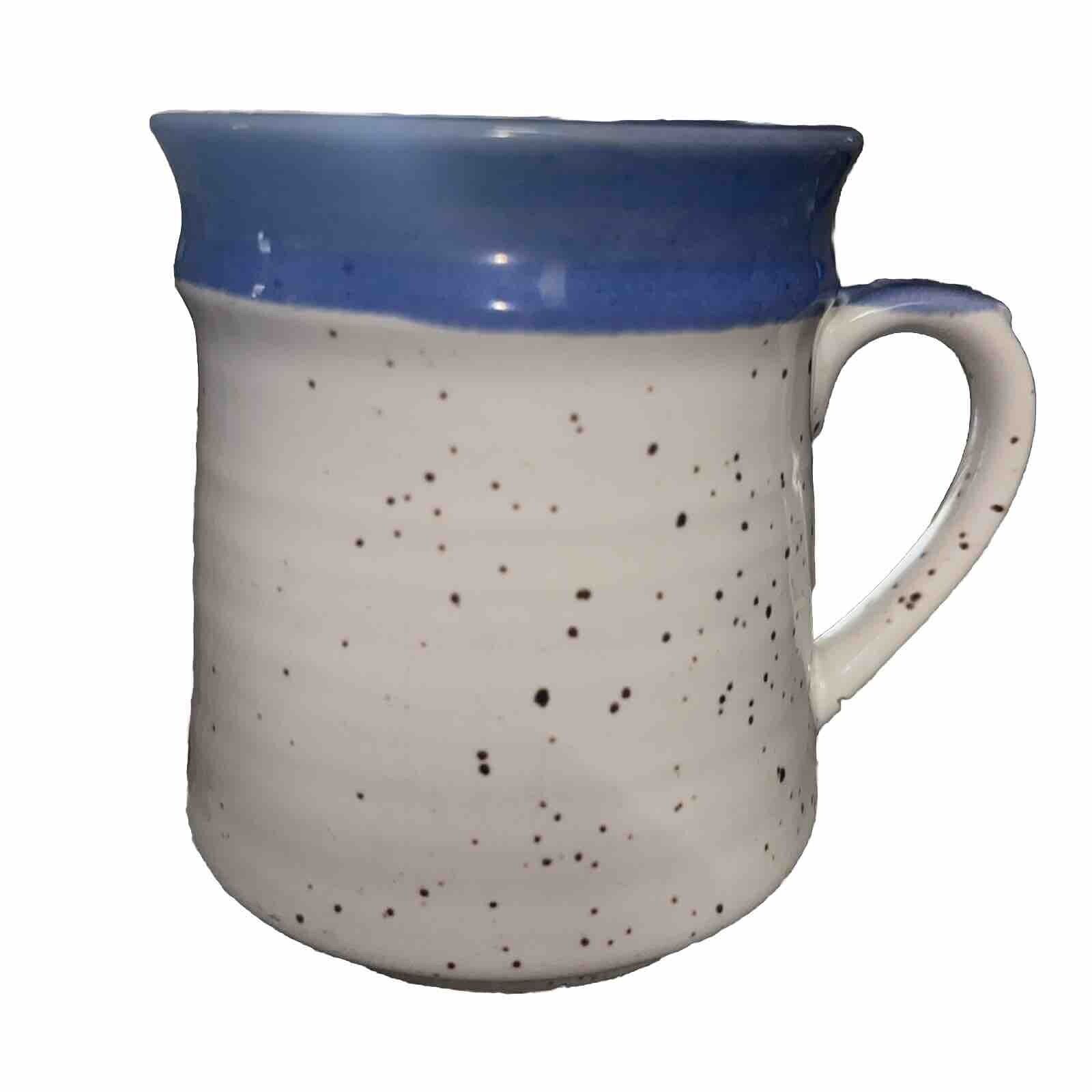 Vintage Speckled Stoneware Coffee Cup Mug Blue Rim Japan Foil Label