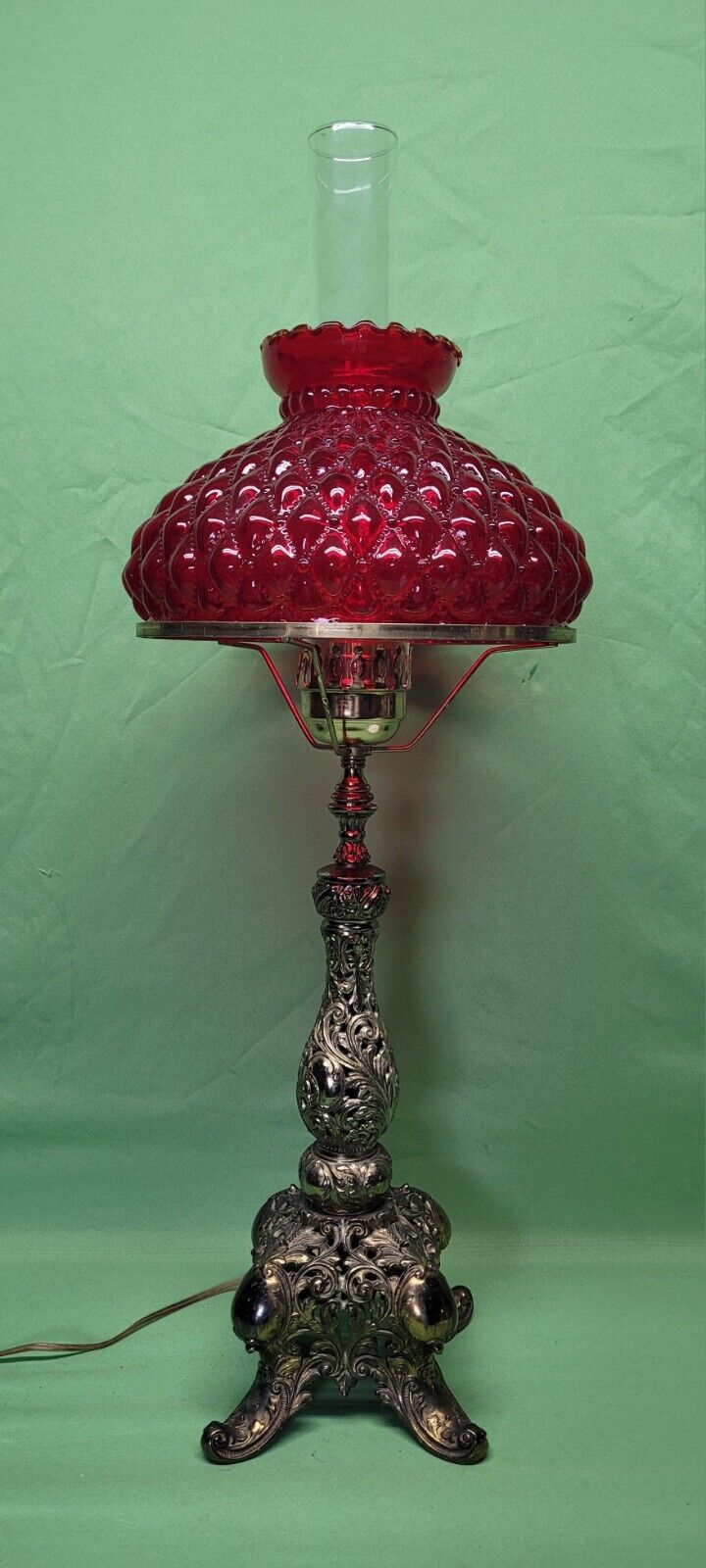 Vtg Antique Ruby Red Quilted Shade Tall Parlor Banquet Lamp Filigree Base 3-Way