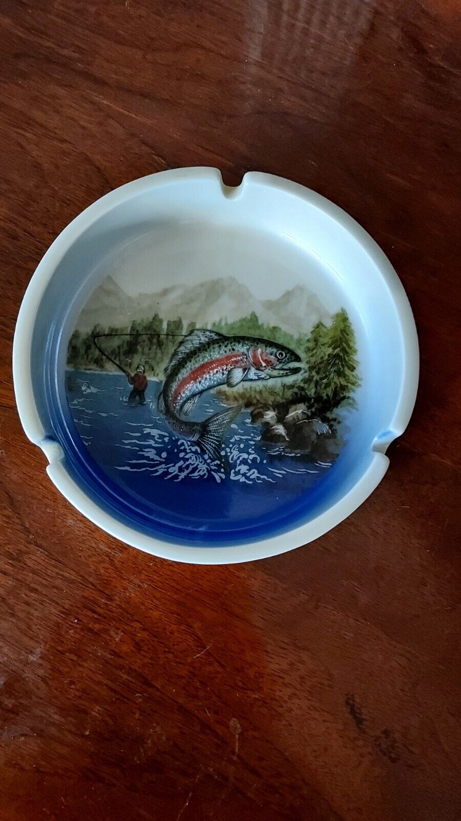Otagiri Japan Fishing Fish Lake Ashtray Dish Vintage Ceramic Dad Gift