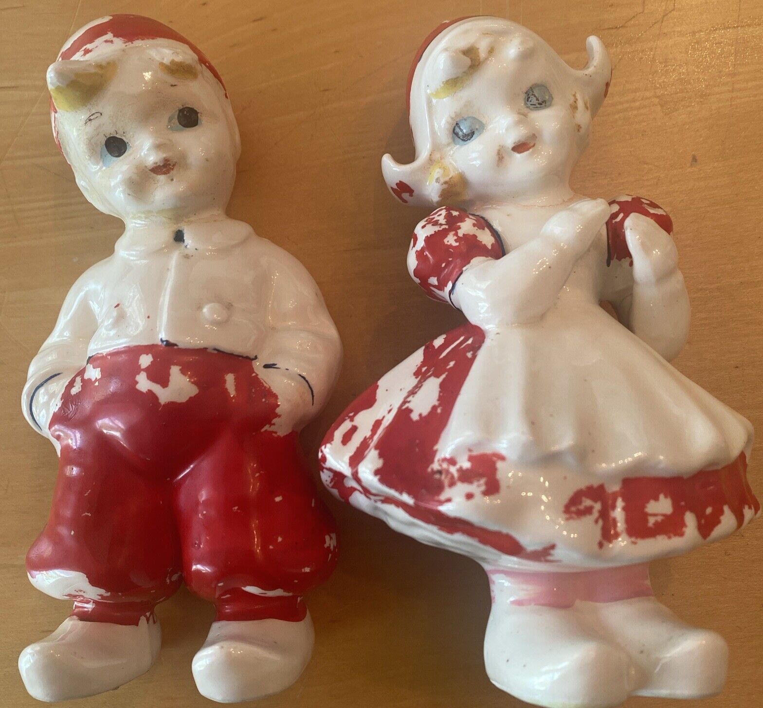 Vintage 1955 Set Kriess Dutch Boy And Girl Ceramic 6.5” Figurines, Well Loved