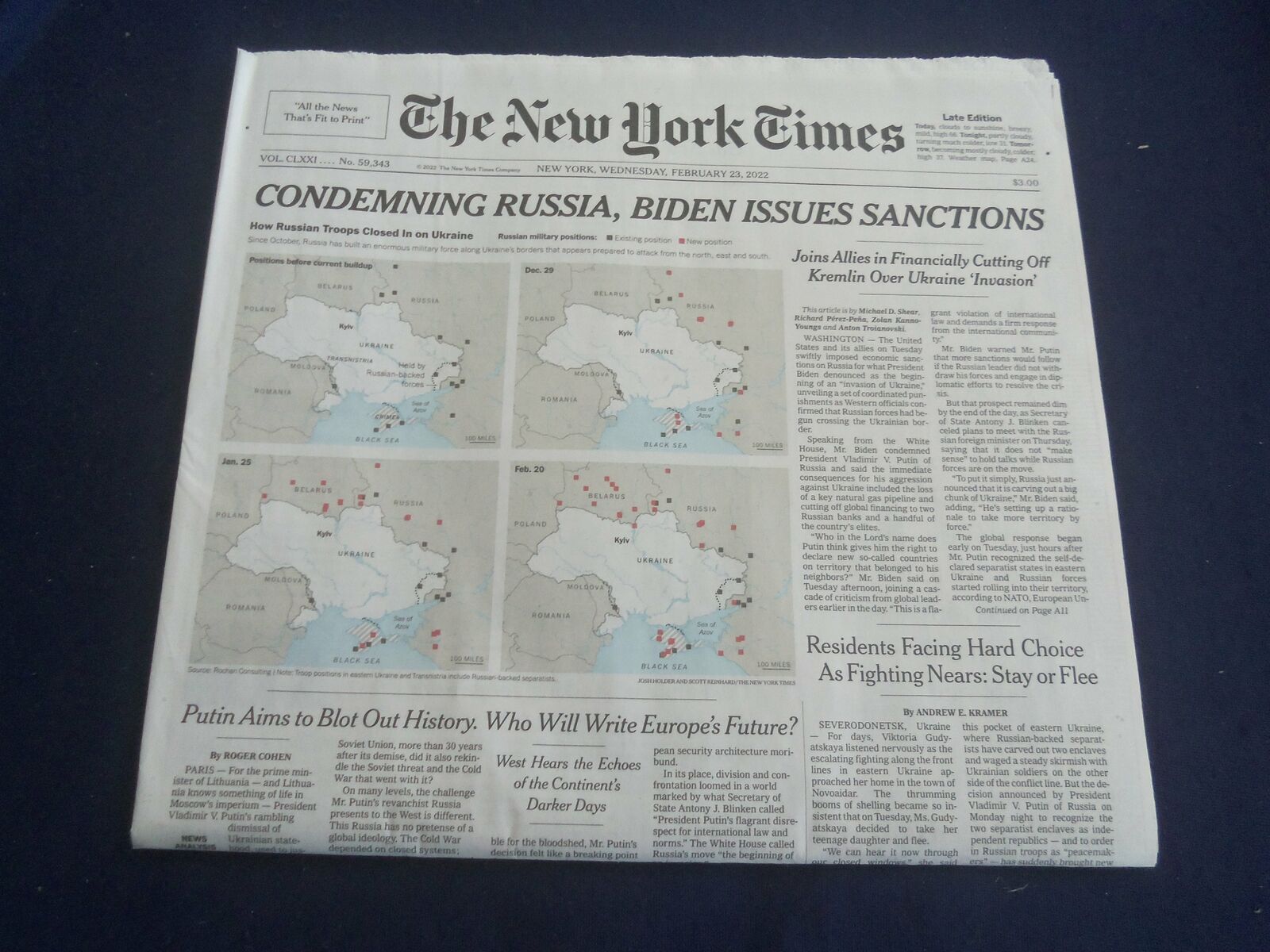 2022 FEBRUARY 23 NEW YORK TIMES - CONDEMING RUSSIA, BIDEN ISSUES SANCTIONS