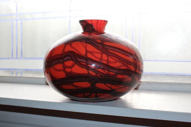 Vintage Czech Kralik Glass Vase Orange Ball Shape with Purple Veins