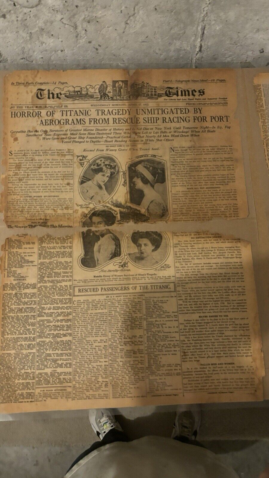 Titanic April 17th 1912 Los Angeles Times  Newspaper, Full Front Page, Authentic
