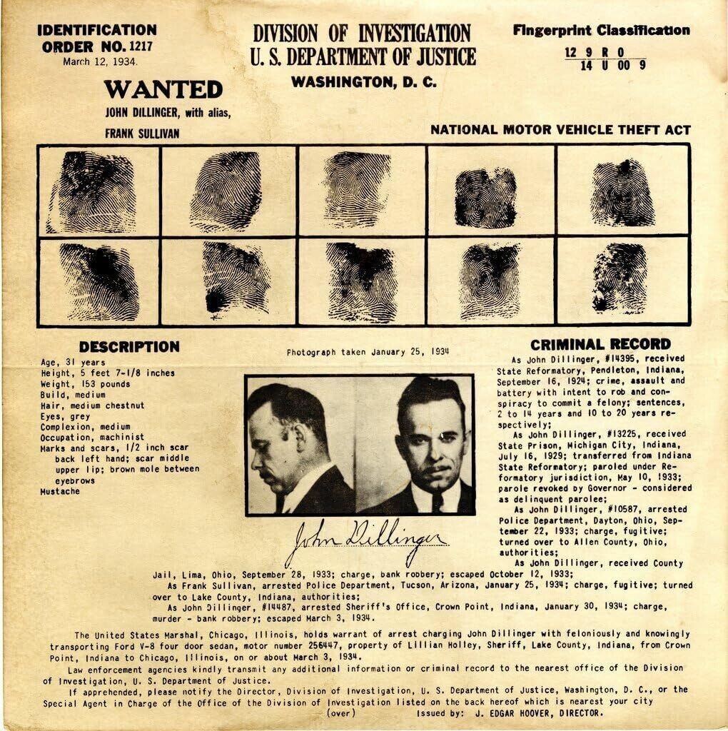 1934 JOHN DILLINGER AUTOGRAPH SIGNED PHOTO 8.5X11 WANTED POSTER FINGER REPRINT