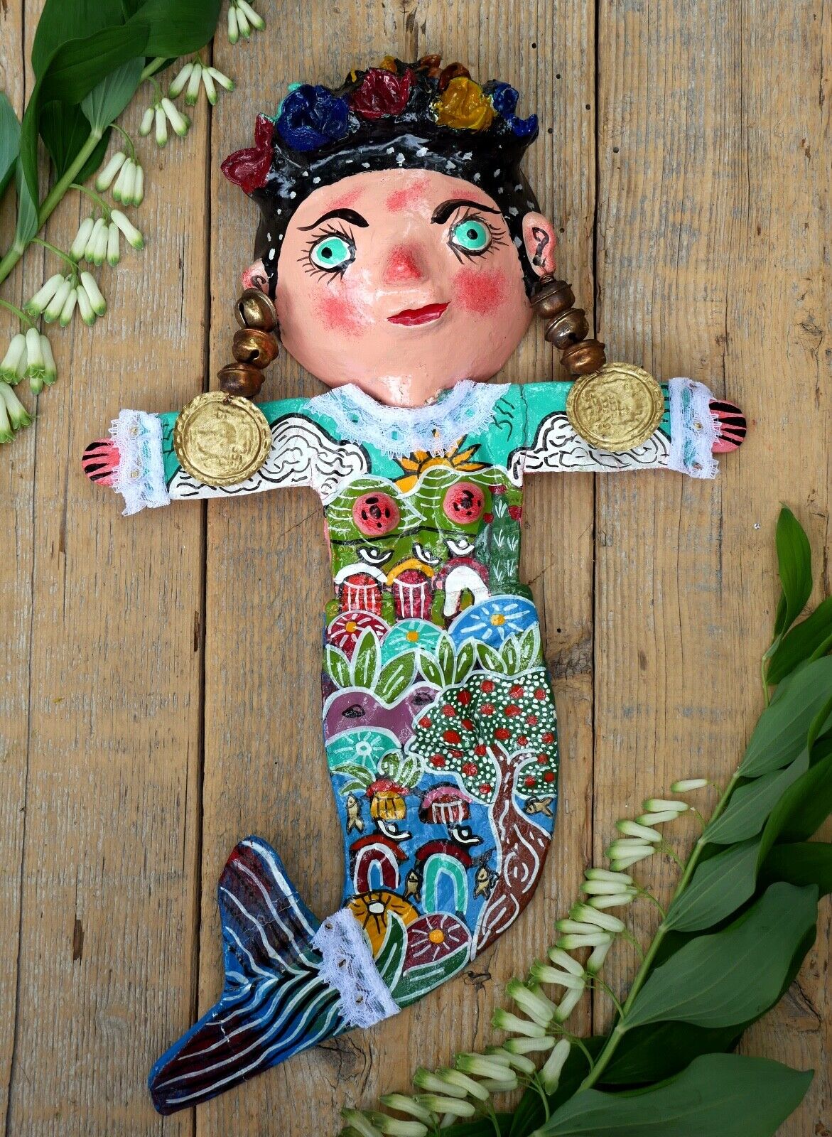 Mermaid La Sirena Coconut Head Handmade Hand Painted Guerrero Mexican Folk Art