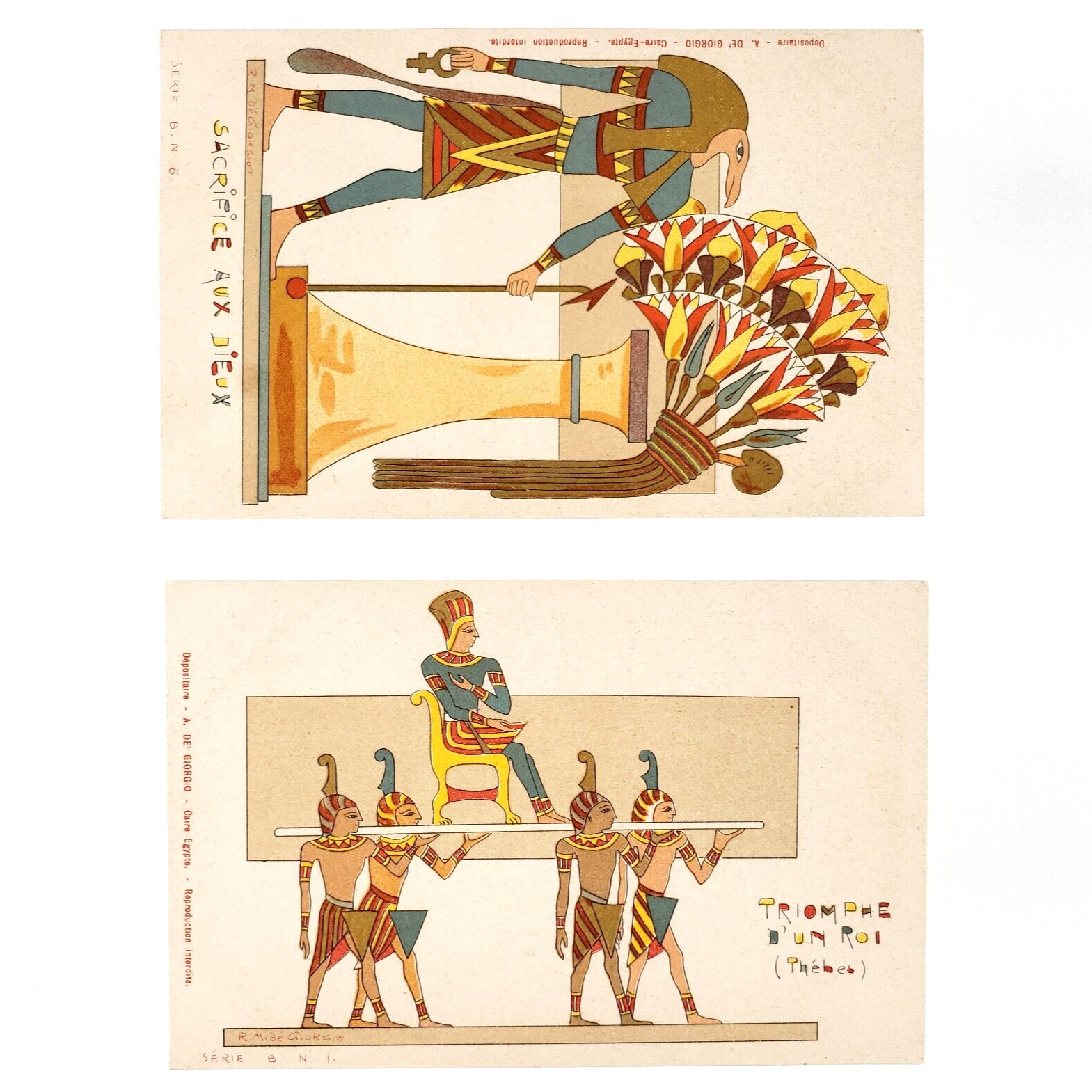 Egyptian Pharaoh & Gods Sacrifice Postcard Lot of 2 Ancient Thebes Egypt C3465