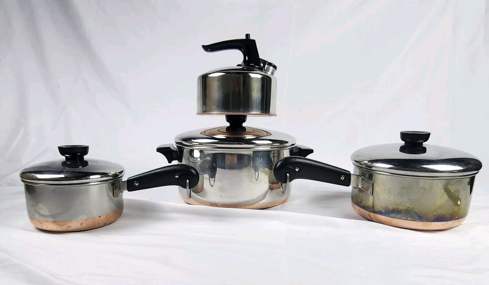 7 Pc Vtg Revere Ware Copper Bottom Stainless Steel Pan Set W Tea Kettle 
