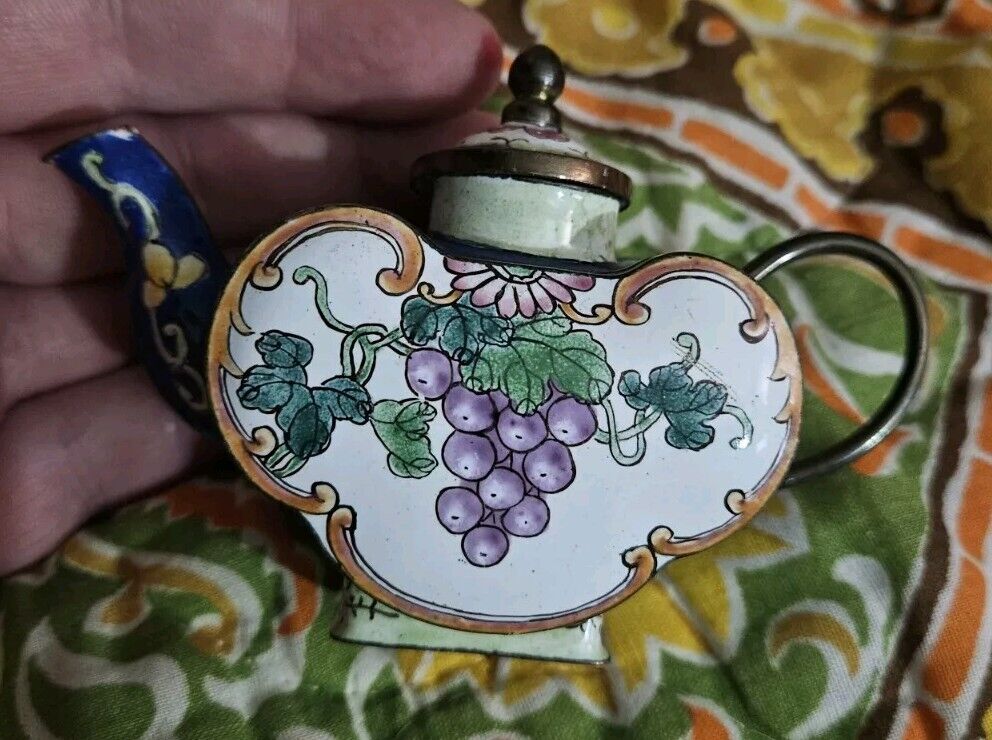 Vtg Miniature Enameled Brass Floral Grapes Metal Tea Pot/Kettle G1