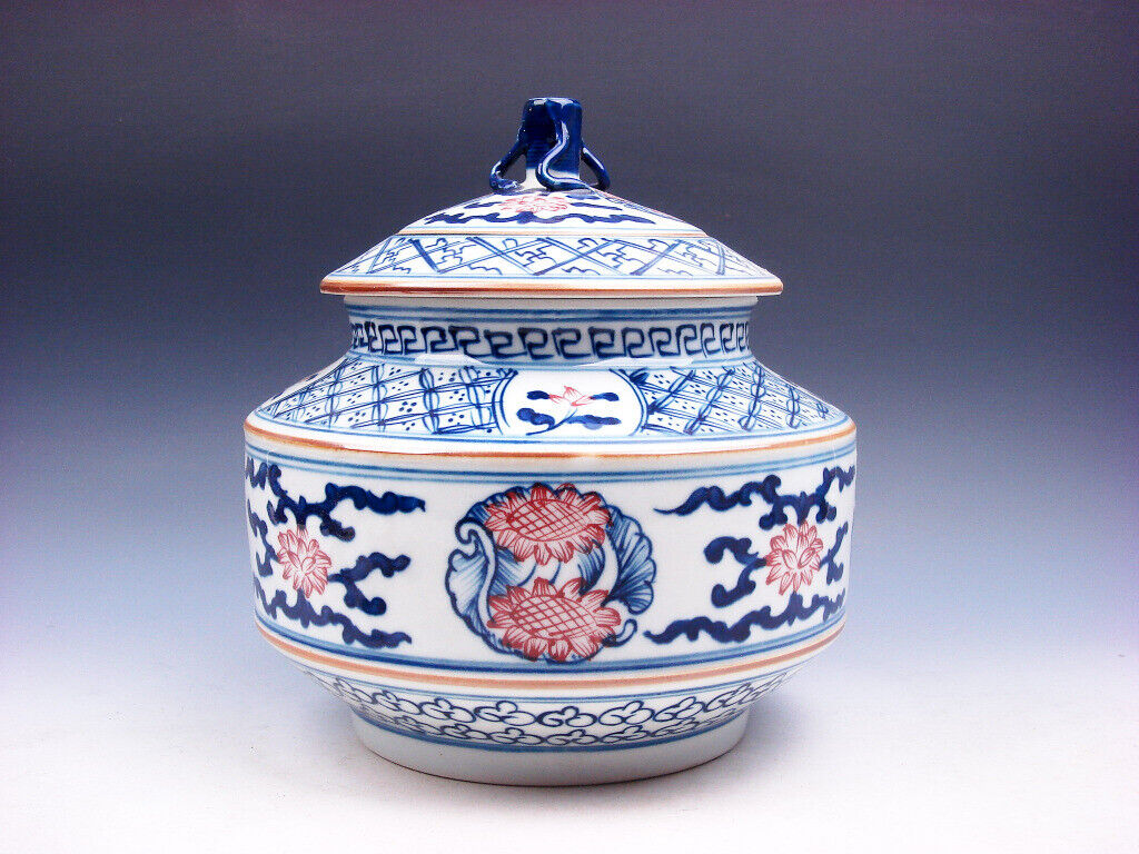 Blue&White Glazed Porcelain Ox-Blood Red Flowers Unique Ginger Jar #07302207