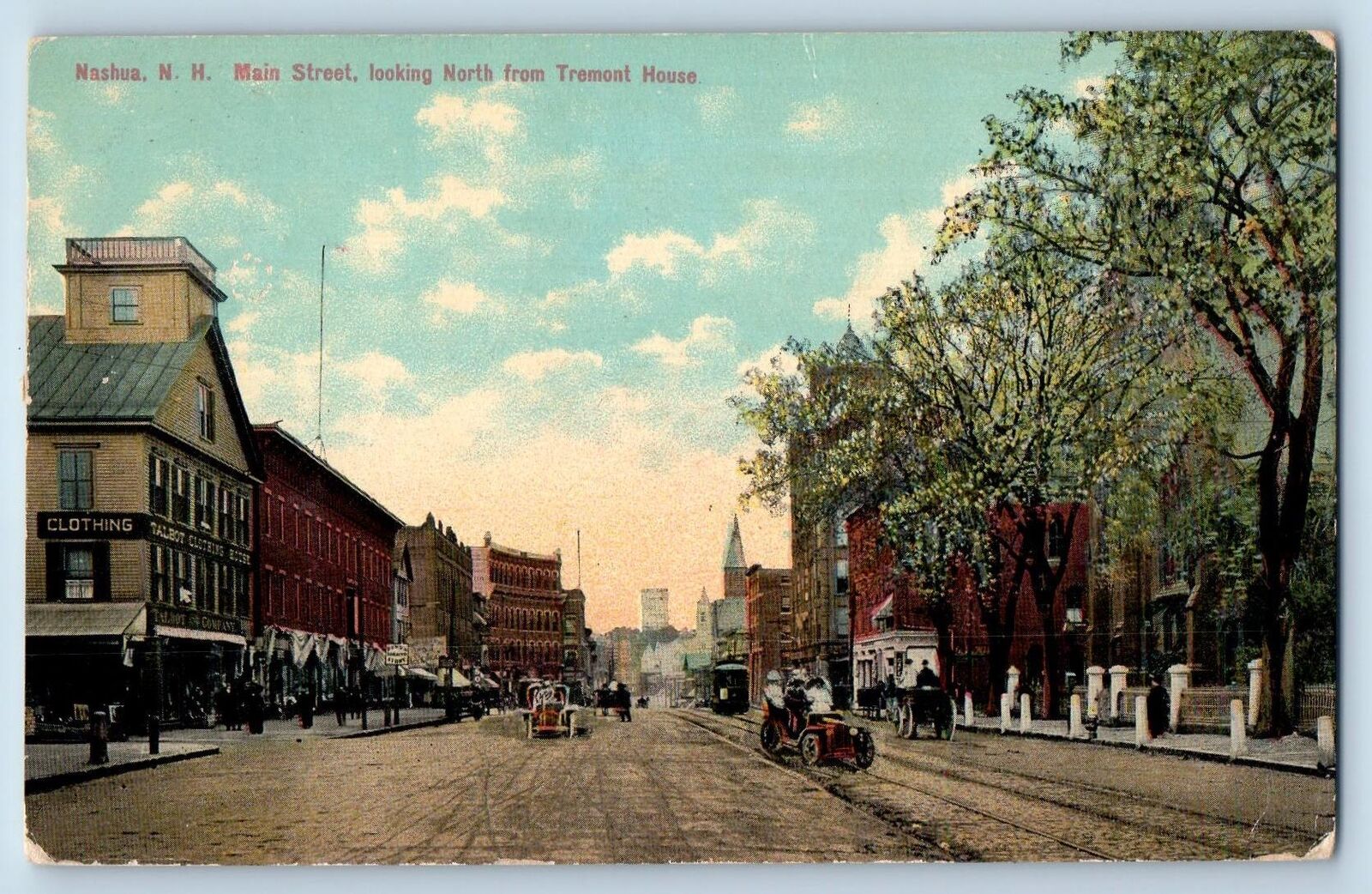 1910 Nashua New Hampshire Main Street Tremont House Classic Car Railway Postcard