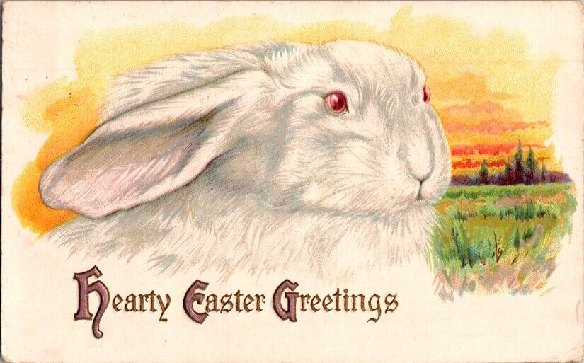 Vintage Postcard White Easter Bunny Wishing a Hearty Easter Greeting 1915  J-102