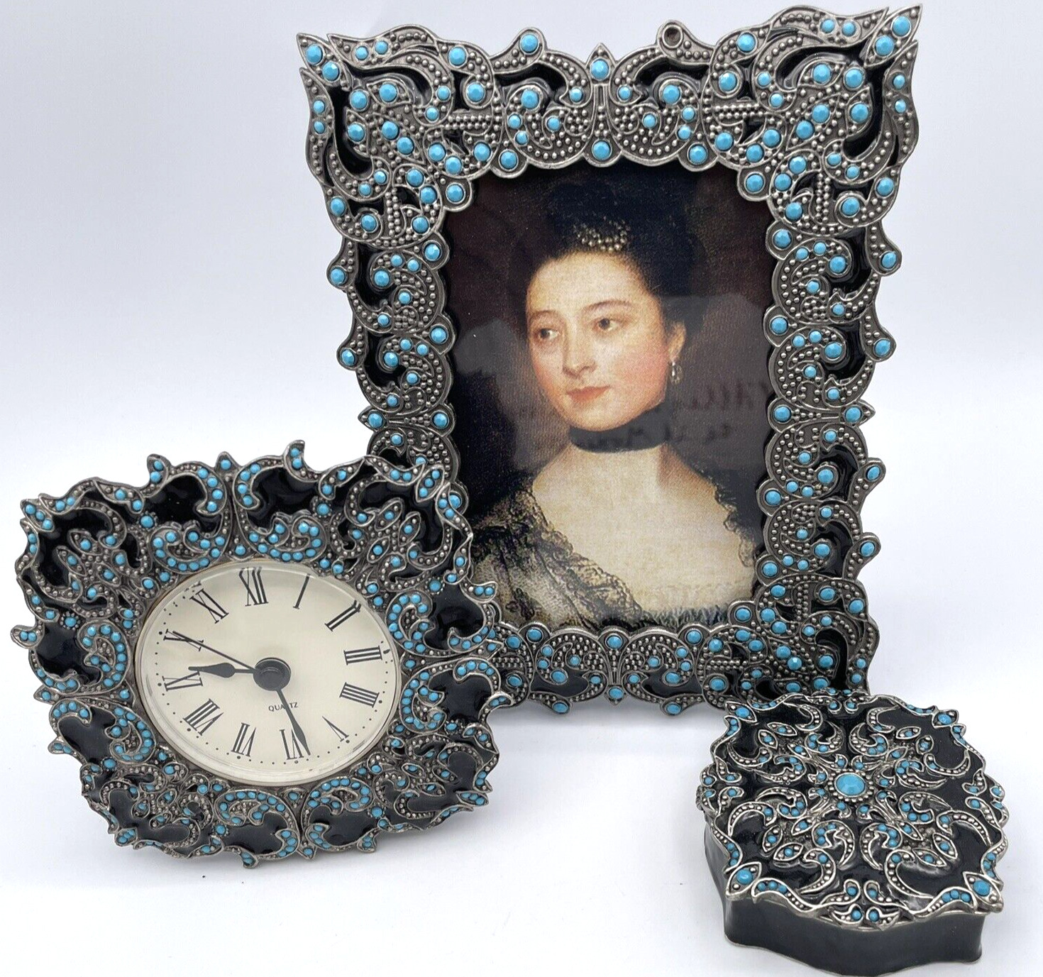 Vtg. 3pc Faux Turquoise & Black Enamel Metal Photo Frame- Clock- Trinket Box Set