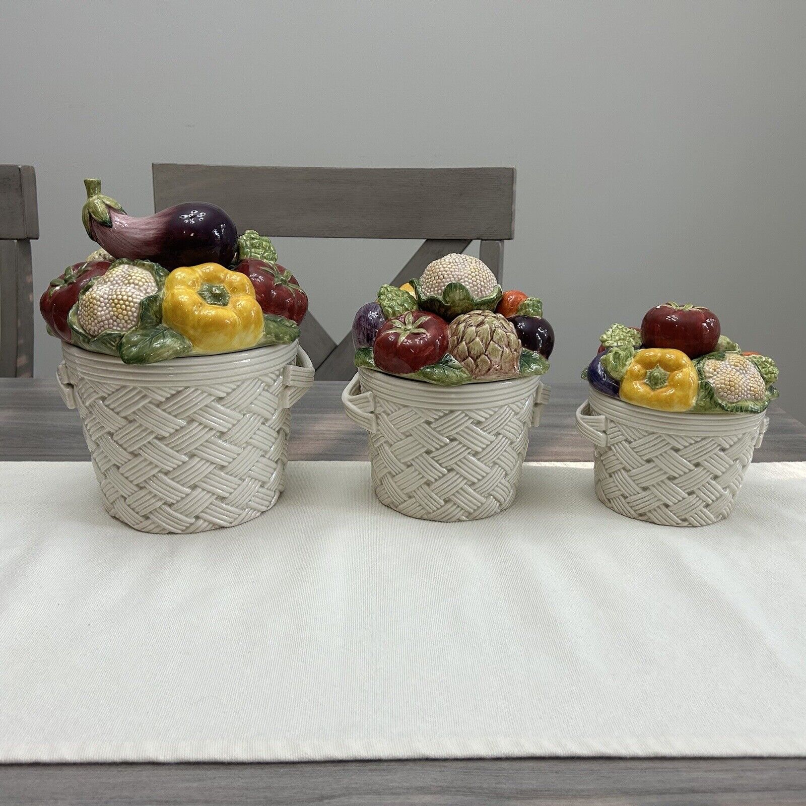 Fitz and Floyd Kitchen Canister Set Basket Weave Vegetable Garden 3 Piece w/ Lid