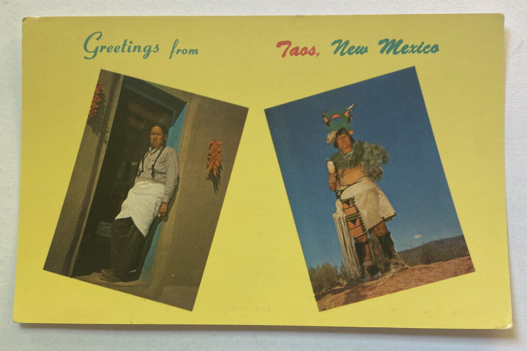 Vintage Postcard ~ Taos Pueblo Man & Cochiti Male Dancer ~ Taos New Mexico NM