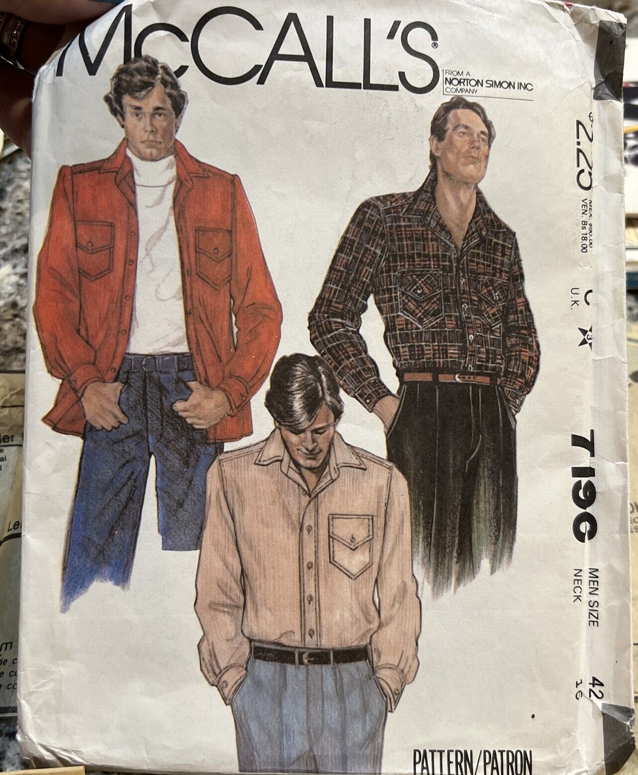 Vintage McCall’s Men’s sewing pattern #7196 top-stitched shirt Sz 42 Neck 16