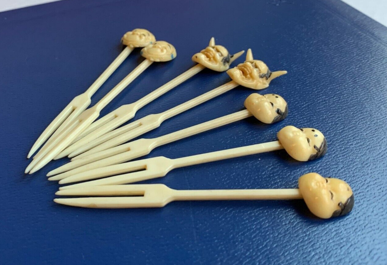 Vintage Japan Kabuki Theater Masks Appetizers Cocktail Celluloid Forks Set of 7