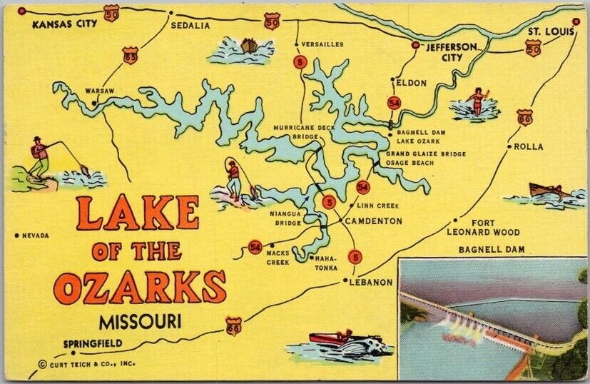 Vintage LAKE OF THE OZARKS Missouri Postcard Highway Map / Bagnell Dam View