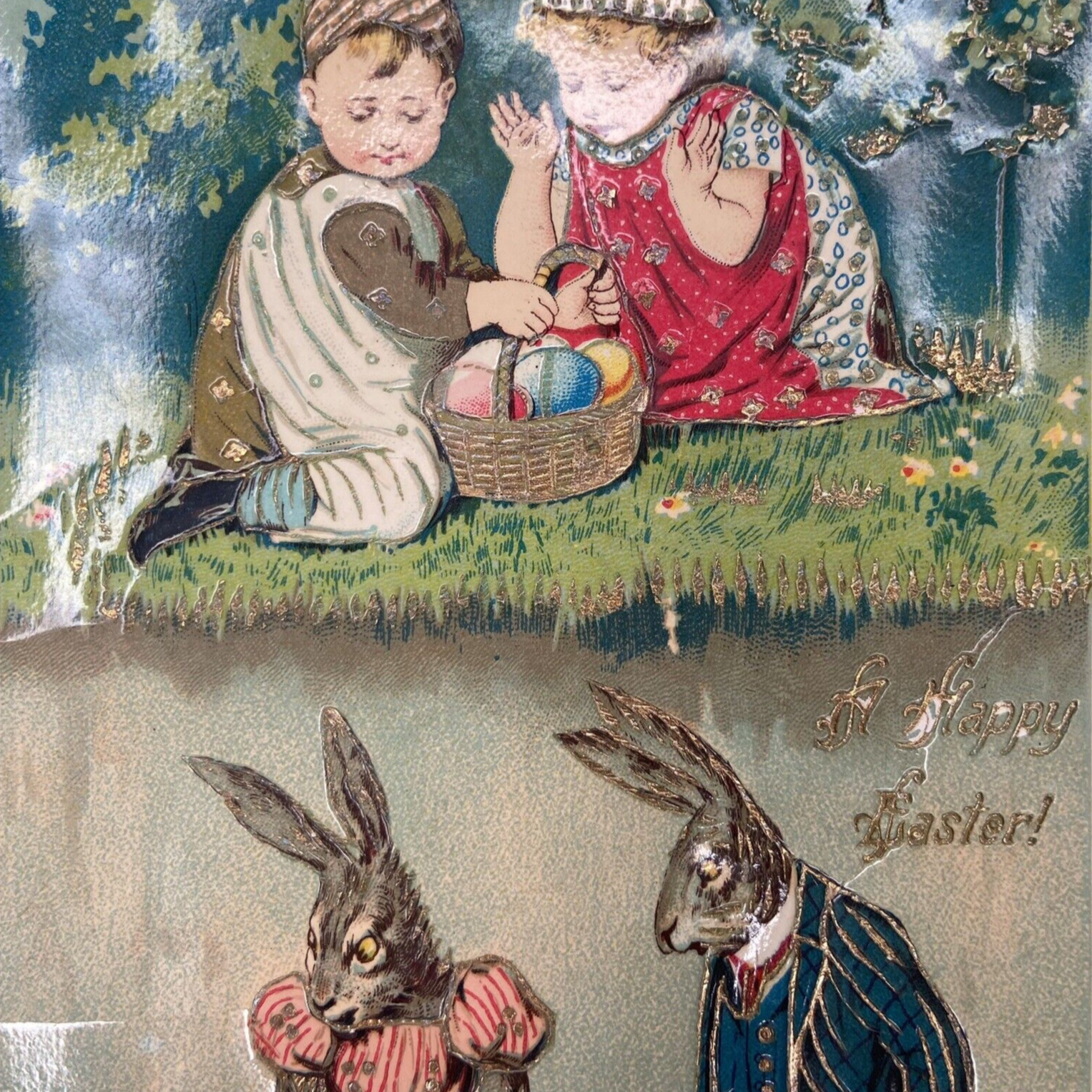 Postcard EASTER A Happy Easter Anthropomorphic Bunny Rabbits & Children Germany