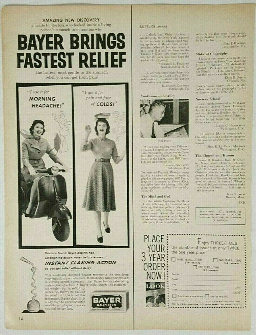 1959 Bayer Aspirin 'Brings Fastest Relief' Young Lady on Scooter Print Ad