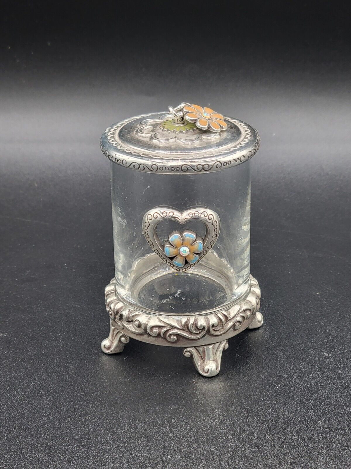 Brighton Glass Small Jar with Stand Silver Top Charms Heart Flowers