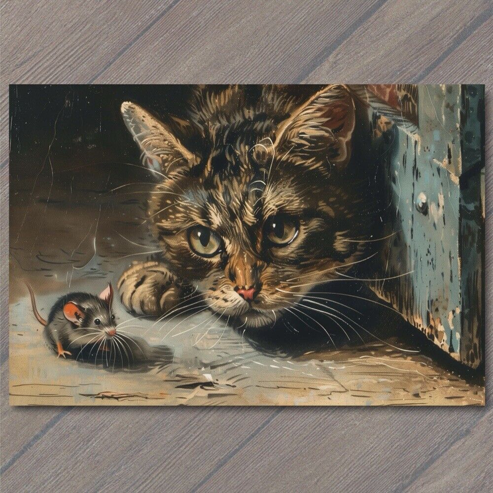 POSTCARD Cat And Mouse Unlikely Friends Illustration Retro Look Cute Funny