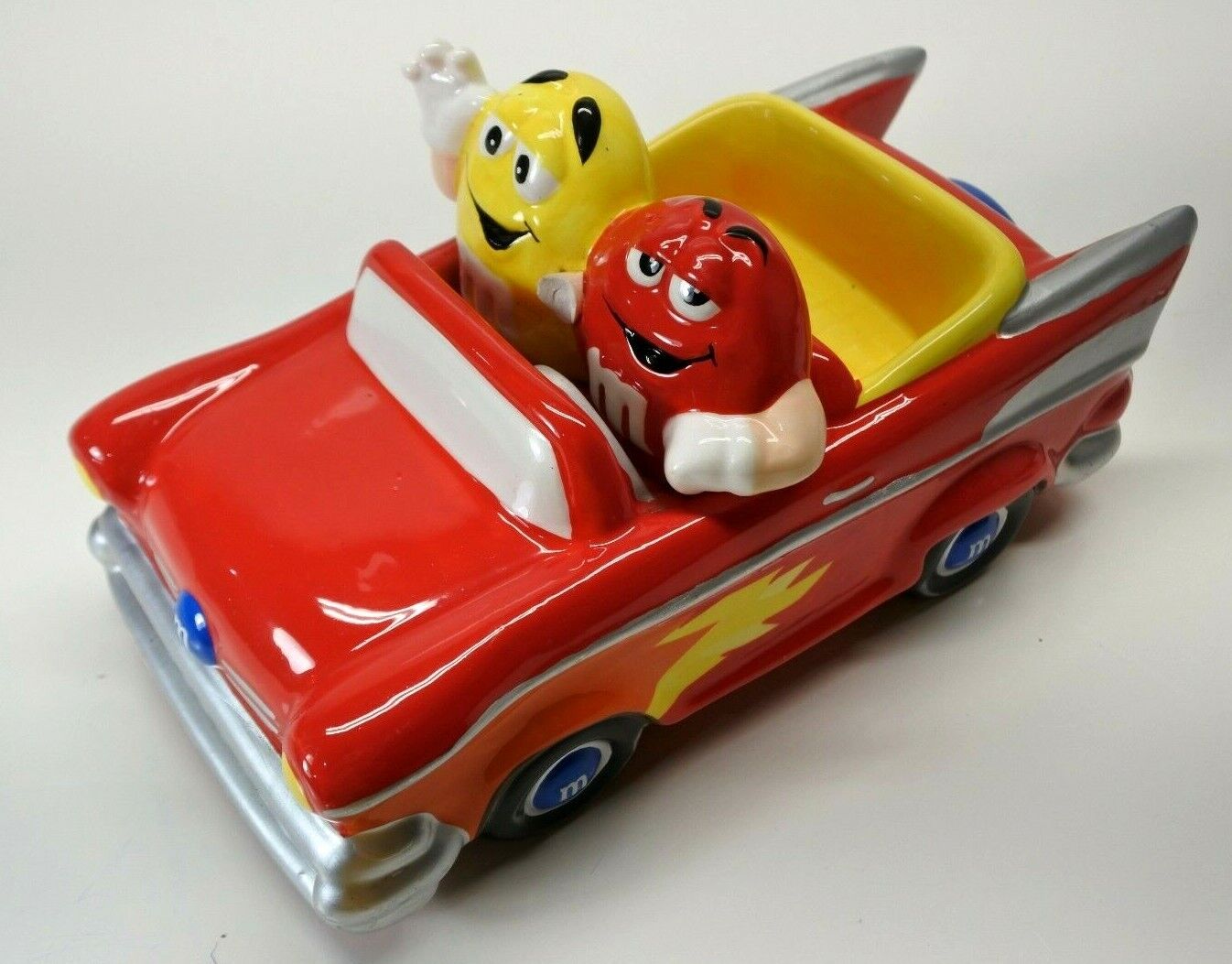M&M Red 57 Chevy Hot Rod Candy Nut Dish White and Yellow Flames - Good Condition