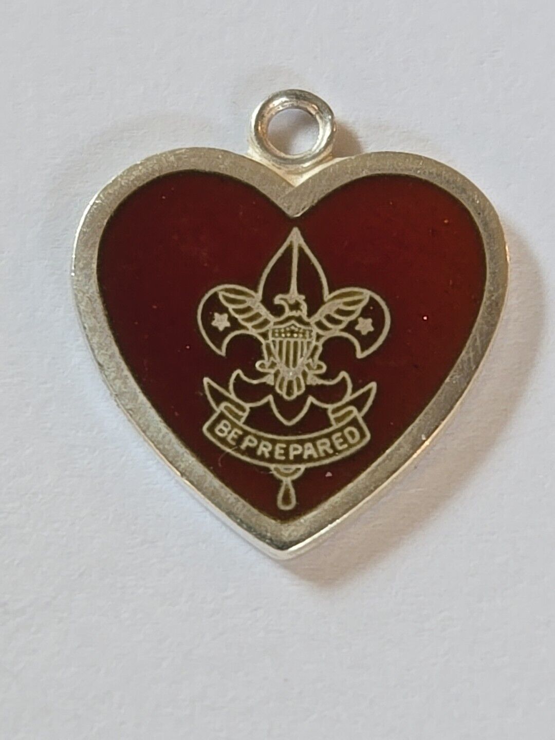 Sterling Silver ~Boy Scout of America Charm Be Prepared Red Enamel Heart VINTAGE