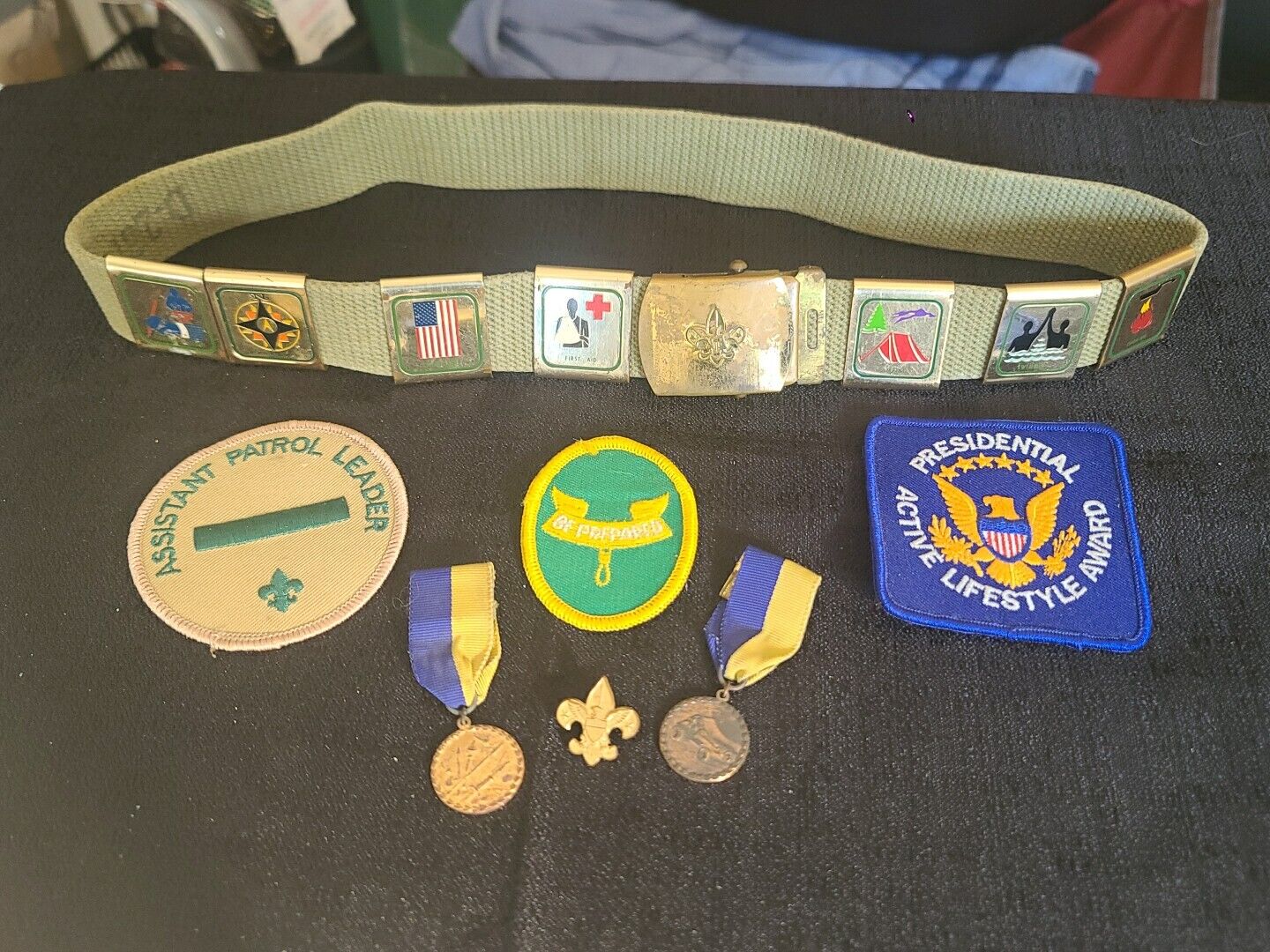 Vintage Boy Scouts America Lot Belt Buckle Belt Slides Ribbons Patches Collectab