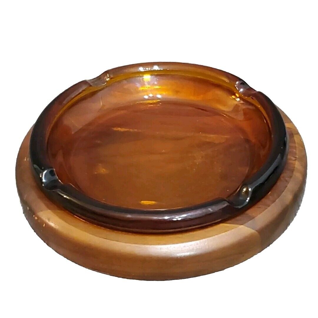 Vintage 1970s Amber Glass Round Cigar Party Ashtray Inlay Bottom Wood Holder MCM