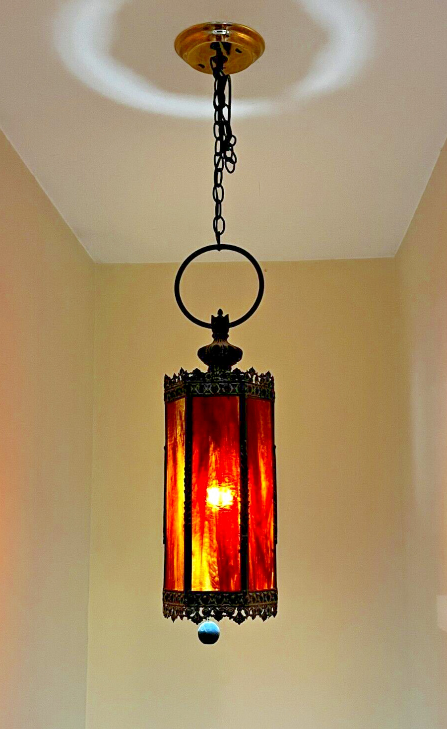 Vintage MCM Spanish Revival Red Gold 6 Paneled Slag Glass Ceiling Swag Light