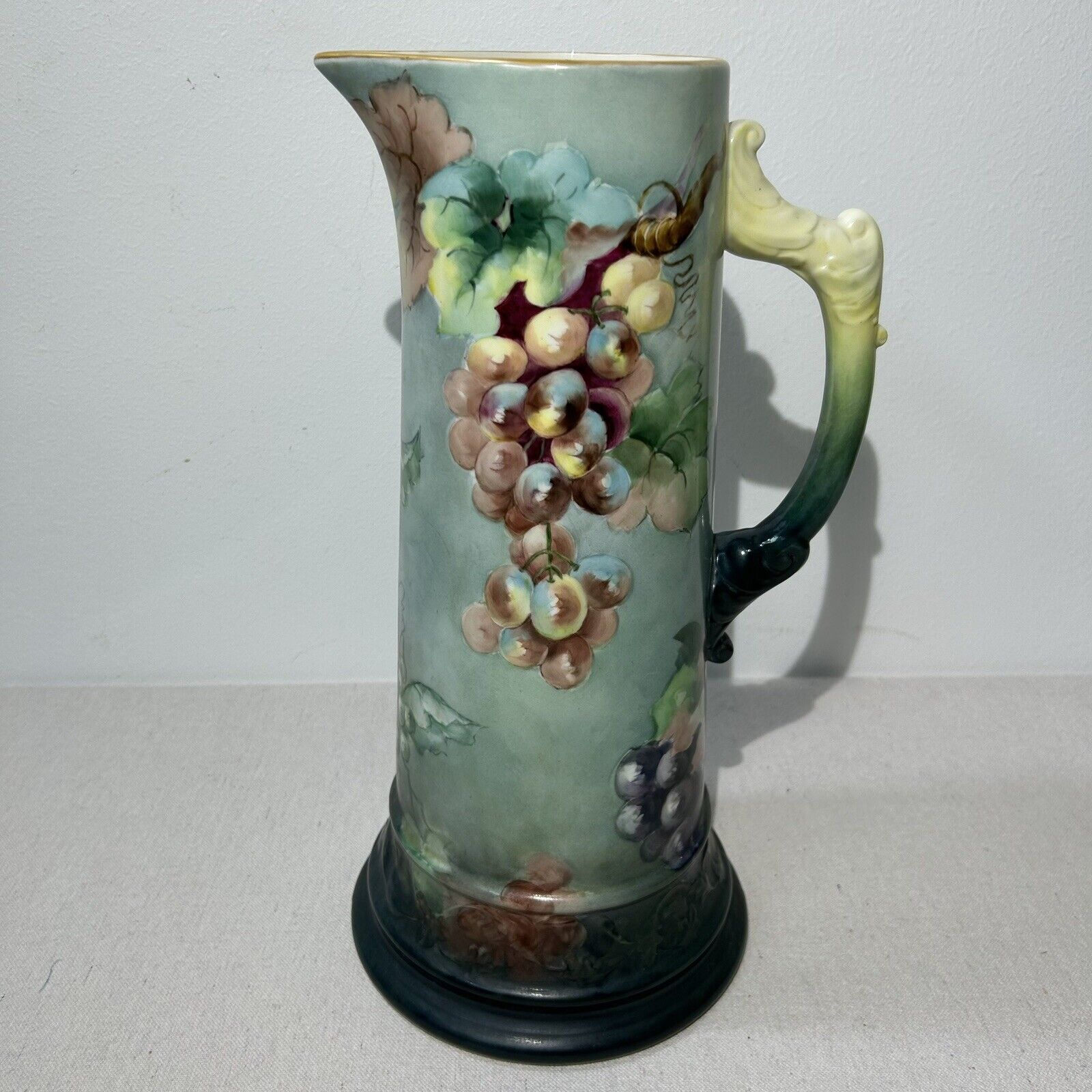Belleek Willets Hand Painted Tankard Pitcher Grapes & Greenery Gold Trim