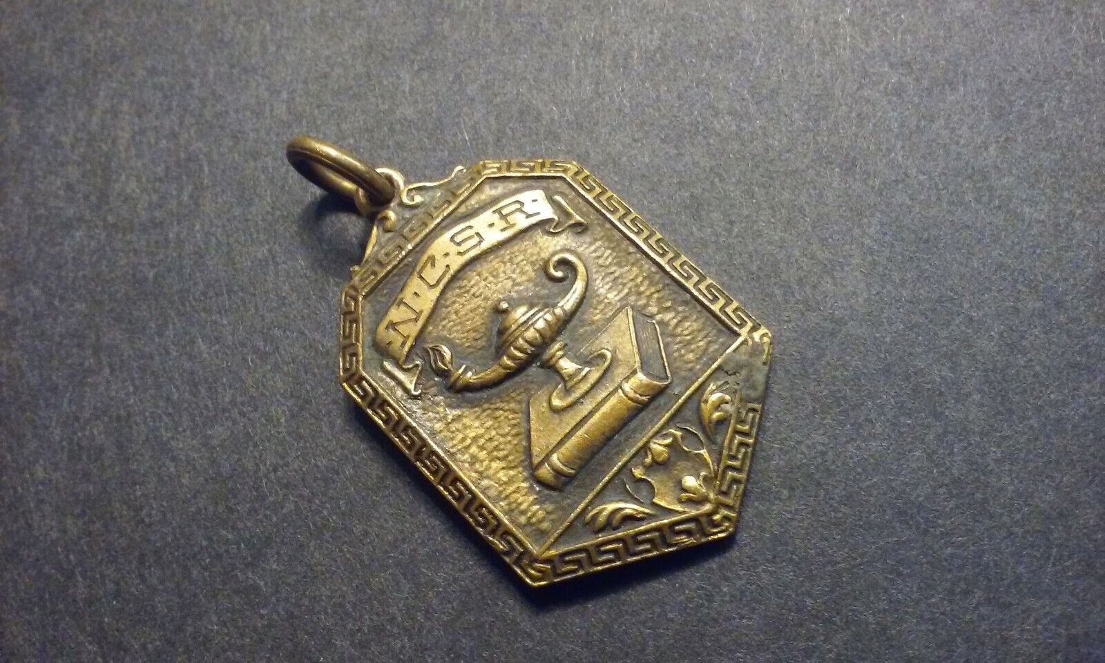 Vintage Award Brass Ornate Medal Pendant 1935 Cum Laude Latin Tournament N.C.R.S